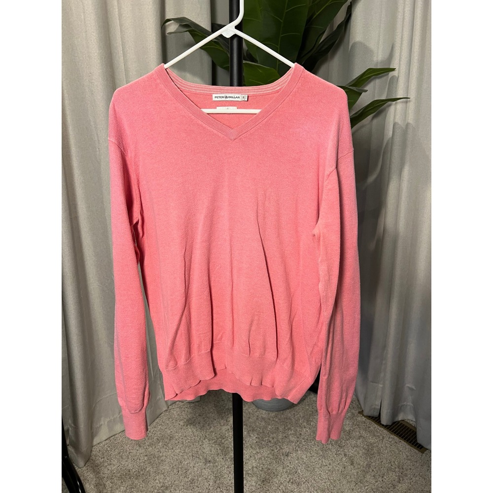 Peter Millar Mens Pink Cotton Cashmere V-Neck Sweater Size Medium Coral Knit